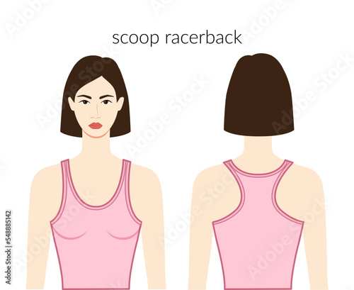 Scoop racerback neckline tank clothes character beautiful lady in pink top, shirt, dress technical fashion illustration fitted. Flat apparel template front, back sides. Women, men unisex CAD mockup