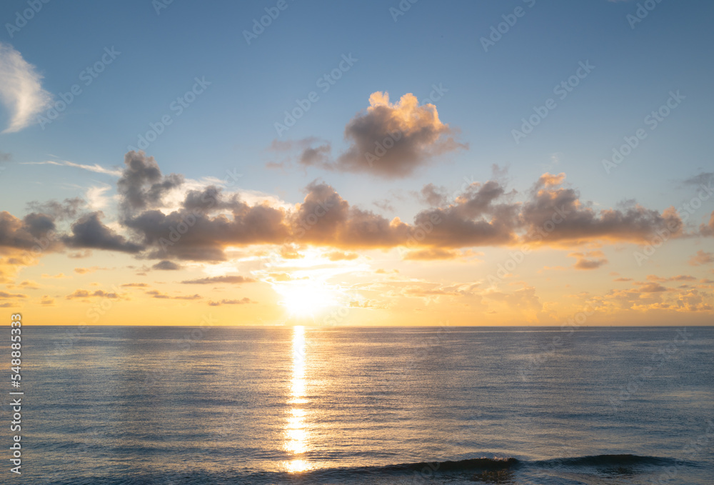 Sunset on sea background. Nature wallpaper with summer sea. sunrise, Sea beach seascape, Water sea texture. Calm sunrise on tropical ocean.