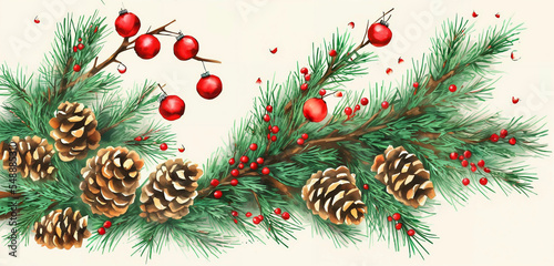 watercolor christmas holly branches decorations and balls for background, holly branches fir over white paper, green and red tones