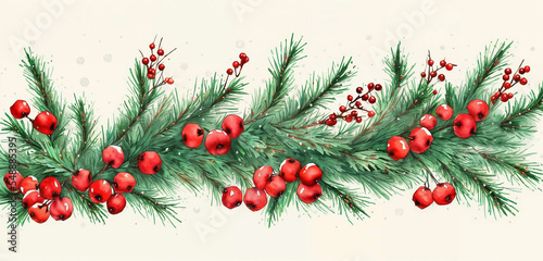 watercolor christmas holly branches decorations and balls for background, holly branches fir over white paper, green and red tones
