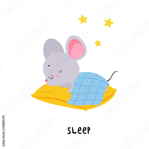 Little Grey Mouse Sleeping on Pillow Demonstrating English Verb for Educational Activity Vector Illustration