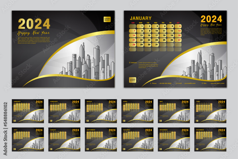 Calendar 2024 template set vector, Week starts Sunday, set of 12 month