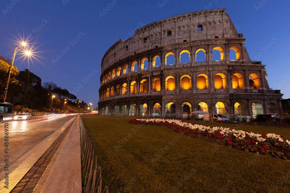 rome, italy, colosseum old ancient building gladiator battle at night.