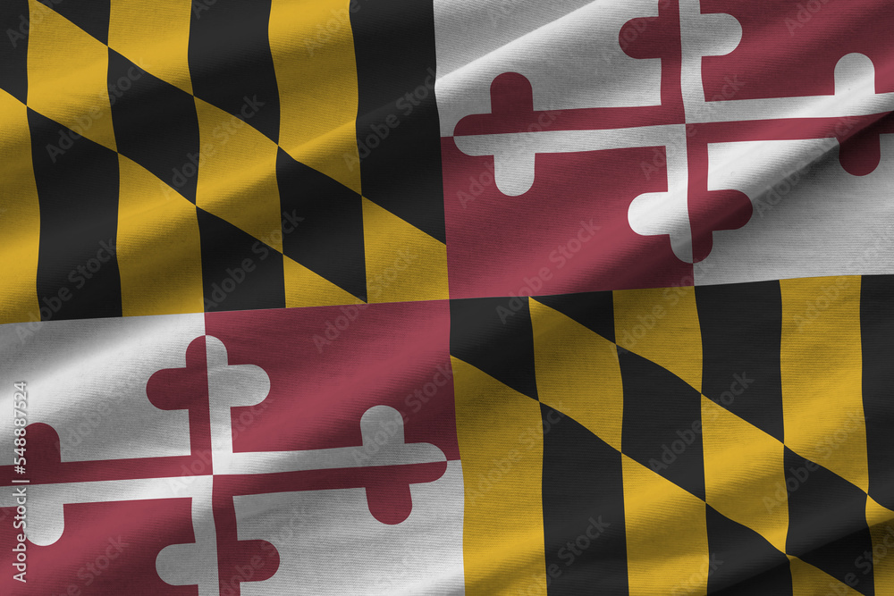 Maryland US state flag with big folds waving close up under the studio ...