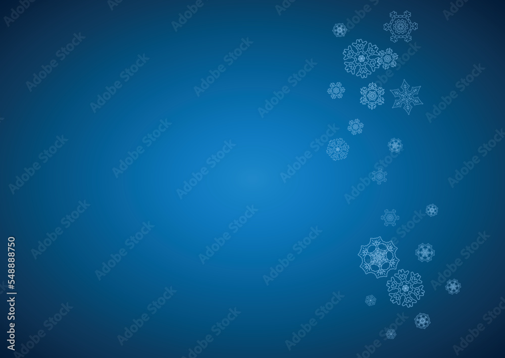 New Year snowflakes on blue background with sparkles. Horizontal Christmas and New Year snowflakes  falling. For season sales, special offer, banners, cards, party invites, flyer. White frosty snow