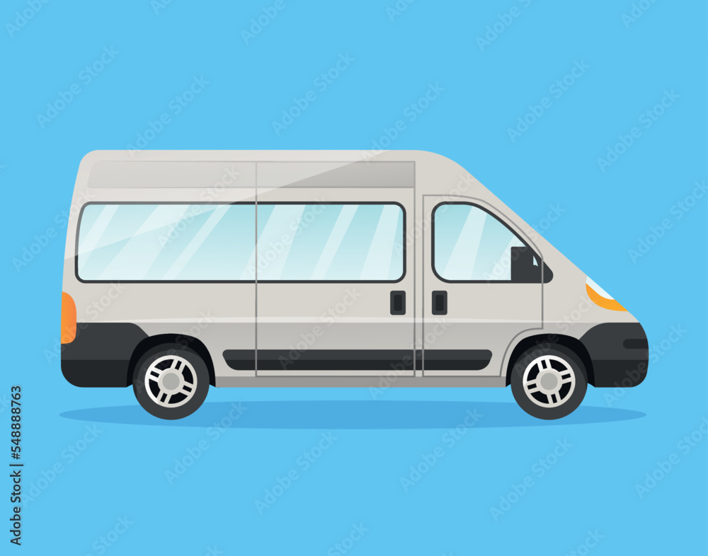 White van icon. Sticker for social networks and messengers. Car and transport for travel. Hiking and camping, tourism. Transportation and wheels, road concept. Cartoon flat vector illustration