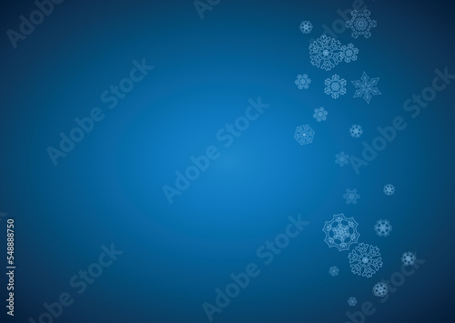 New Year snowflakes on blue background with sparkles. Horizontal Christmas and New Year snowflakes  falling. For season sales  special offer  banners  cards  party invites  flyer. White frosty snow