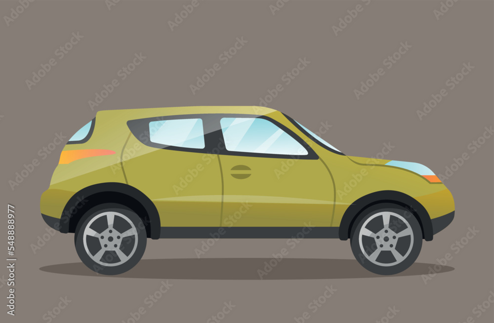 Green car icon. Stylish and comfortable vehicle, transport for family and travel, tourism. Sticker for social networks and instant messengers, logo for company. Cartoon flat vector illustration