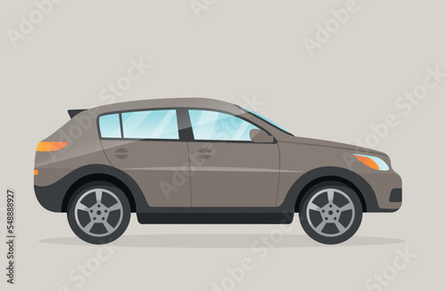 Grey car icon. Graphic element for printing on fabric  symbol of speed and travel on road and highway. Vehicles for camping and hiking. Comfort and convenience. Cartoon flat vector illustration