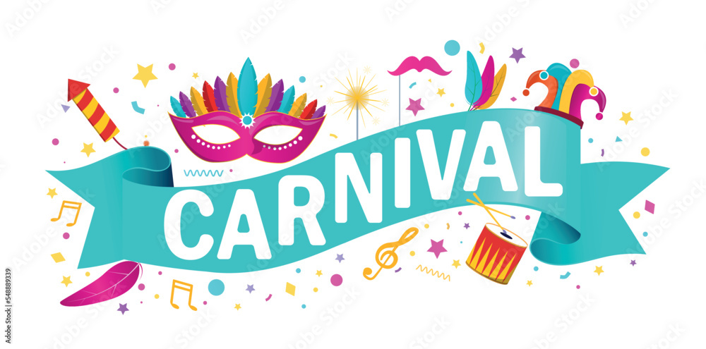 Carnival banner concept. Holiday and festival. Bright mask and confetti, traditions and culture. Graphic element for website, invitation and greeting card design. Cartoon flat vector illustration