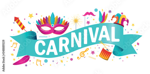 Carnival banner concept. Holiday and festival. Bright mask and confetti, traditions and culture. Graphic element for website, invitation and greeting card design. Cartoon flat vector illustration