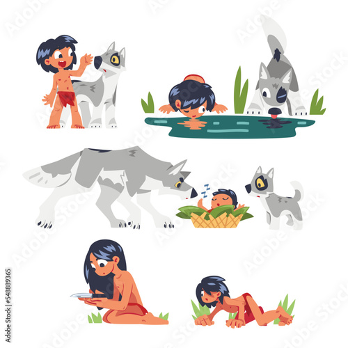 Mowgli Fictional Character as Feral Boy from Jungle Raised with Wolves Vector Set photo