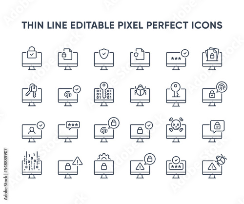 Desktop security vector line icons. Computer privacy and protection icon collection. Computer network security symbols. Editable pixel perfect