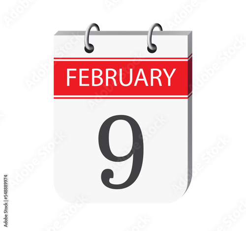 9 february calendar page vector. 3d one day calendar date appointment, event reminder illustration. Abstract three dimensional daily date calendar.