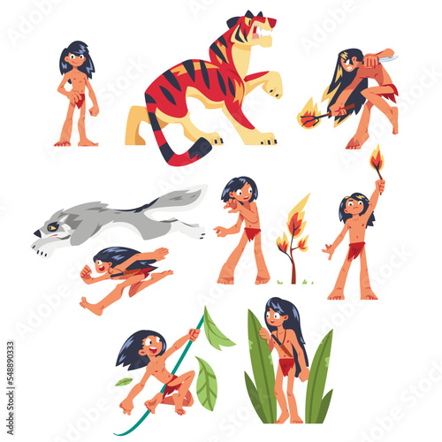 Mowgli Fictional Character as Feral Boy from Jungle Raised with Wolves Vector Set