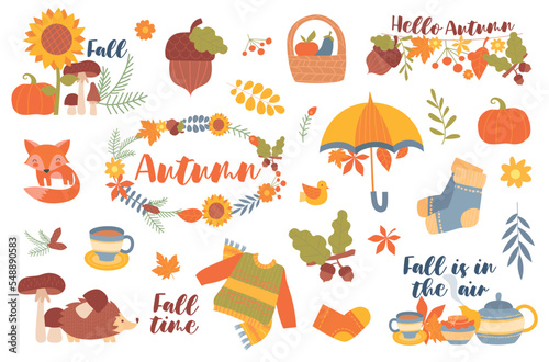 Autumn set poster. Collection of stickers for social networks. Cold weather protection  warm sweater  vegetables and harvest  fall. Cartoon flat vector illustrations isolated on white background