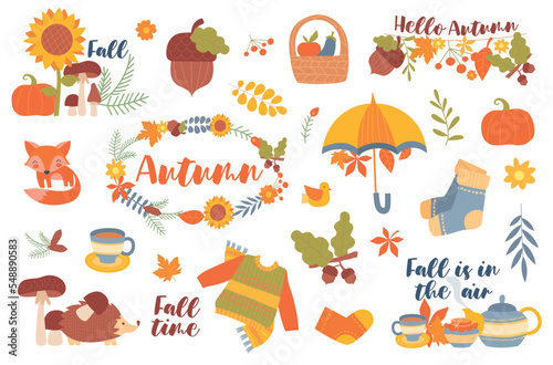 Autumn set poster. Collection of stickers for social networks. Cold weather protection, warm sweater, vegetables and harvest, fall. Cartoon flat vector illustrations isolated on white background