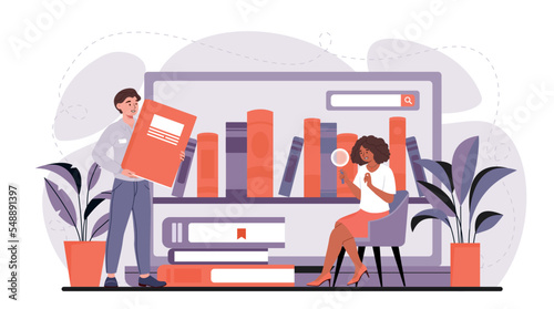 Searching educational literature. Man and woman choose books, students. Education and training, knowledge and information. Characters preparing for examination. Cartoon flat vector illustration