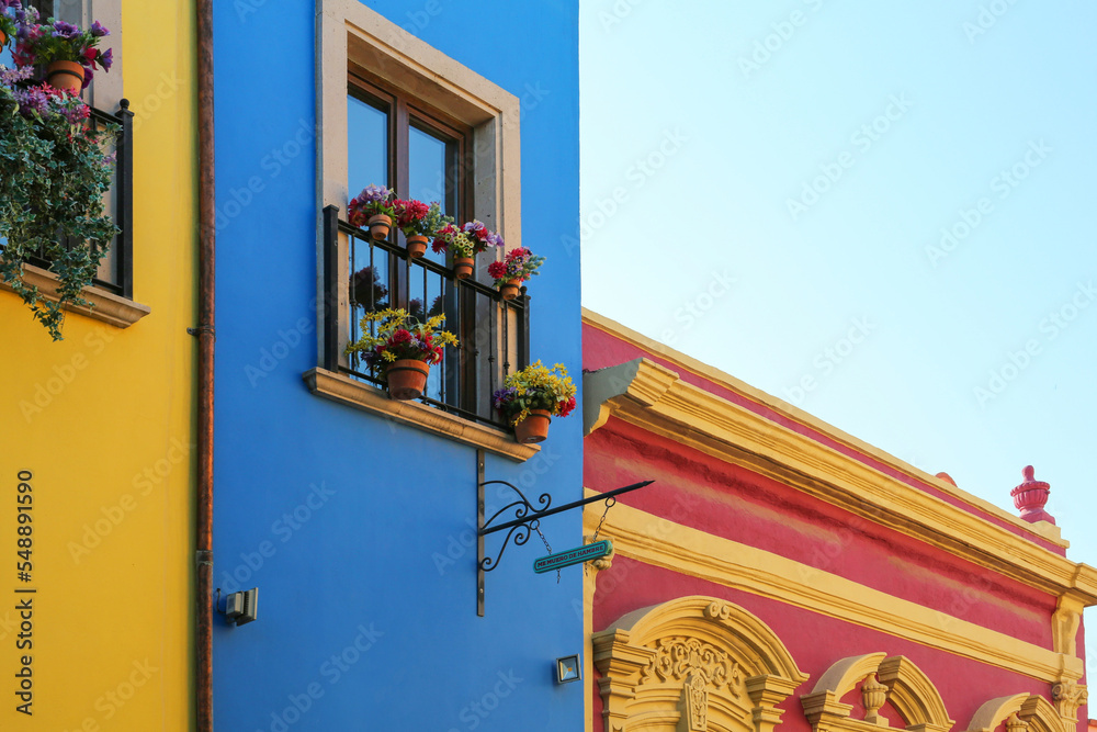 Building with beautiful window, balcony and potted flowers