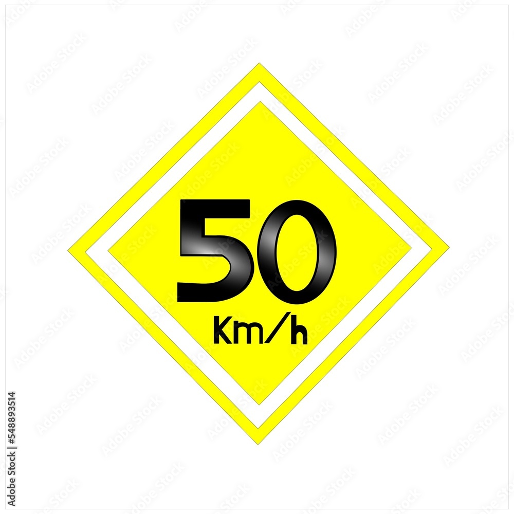 Maximum allowed speed sign 50 kilometers per hour. Banner with white background and yellow rhombus. Maximum allowed speed sign 50 kilometers per hour. Banner with white background and yellow rhombus.