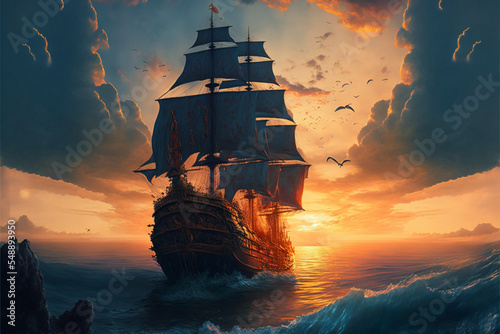 Old ship at sunset