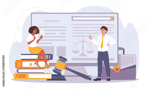 Platform professional lawyer. Man and woman evaluate laws, advise businessmen and citizens. Legal support of transactions. Modern technologies and digital world. Cartoon flat vector illustration