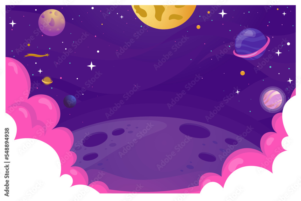 blue and purple space with pink and yellow planets and pink clouds