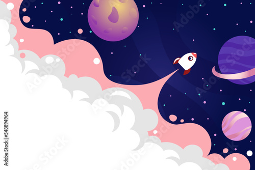 rocket flies in space among stars and planets