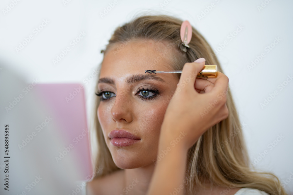 Makeup model applies powder and eye shadow blush. Visagiste, cosmetics make up of young beauty model girl. Professional make up process. Makeup model applies powder and eye shadow blush. Visagiste, cosmetics make up of young beauty model girl. Professional make up process.