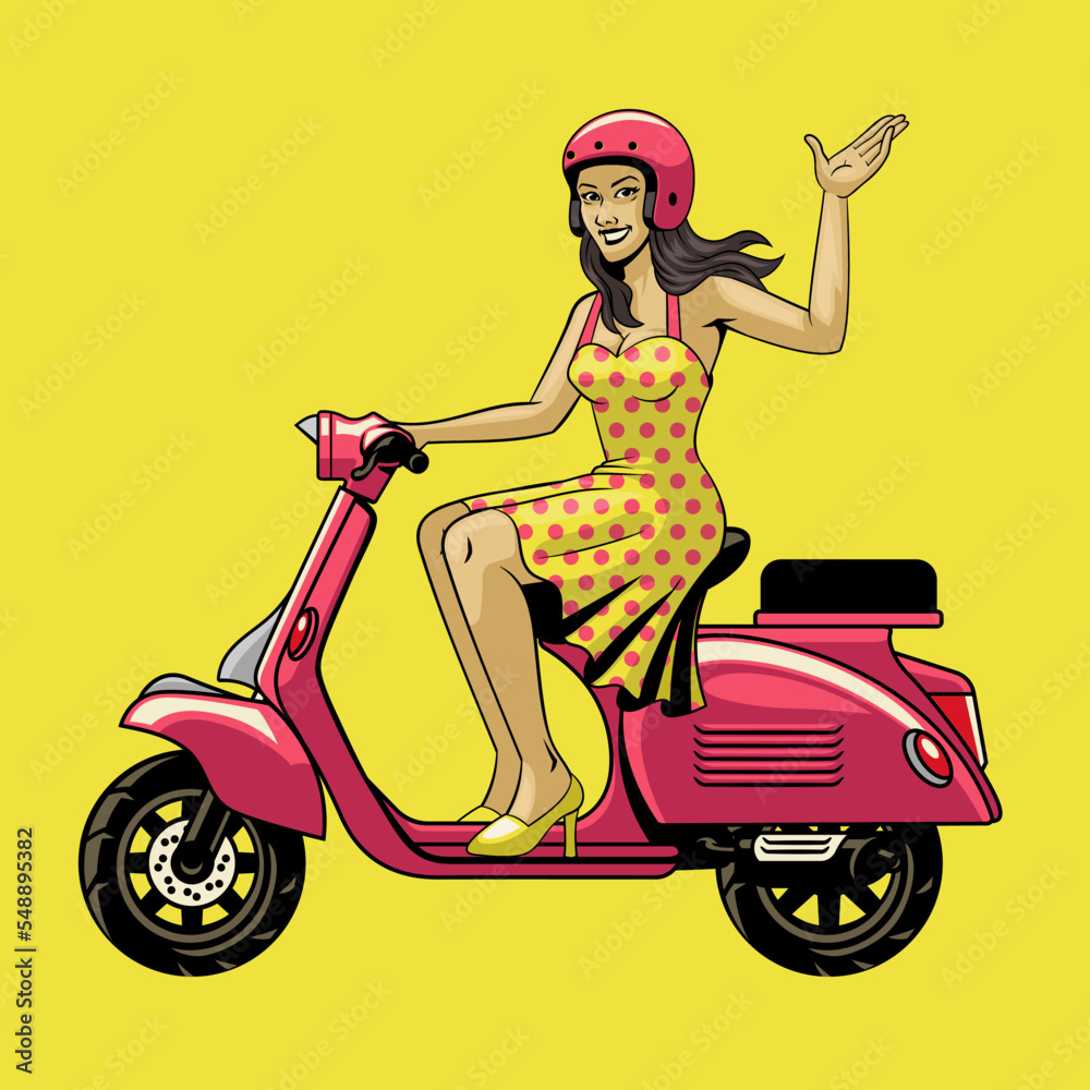 beautiful retro girl riding old scooter - obrazy, fototapety, plakaty 