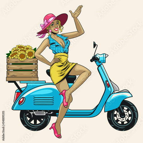beautiful girl posing with old scooter motorbike