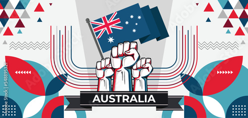 Australia national day banner with Australian flag colors theme background and geometric abstract retro modern blue red white design. Australian people. Sports Games Supporters Vector Illustration.
