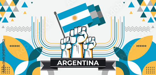Argentina national day banner with map, flag colors theme background and geometric abstract retro modern blue white yellow design. Argentinian people. Sports Games Supporters Vector Illustration.