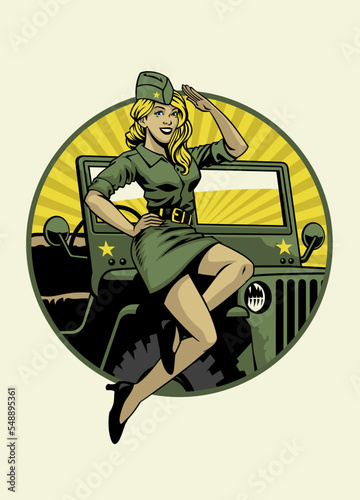 vintage design of army women pose with military car
