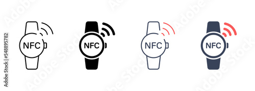 Smart Watch with NFC Technology Line and Silhouette Icon Set. Smartwatch Bracelet Pictogram. Watch for Contactless Payment Symbol Collection on White Background. Isolated Vector Illustration