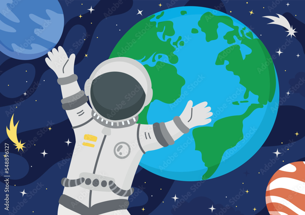 Naklejka premium Astronaut on space background. Character in suit on background of earth and planet. Astrology and Astronomy, universe and galaxy. Poster or banner for website. Cartoon flat vector illustration