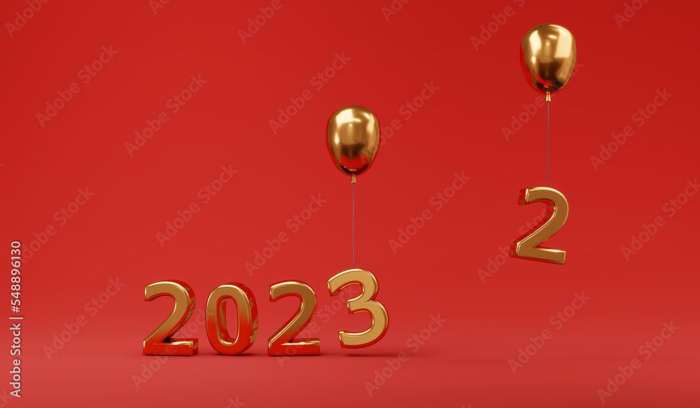 3D Rendering of 2023 number happy new year in gold on red background. 3D Render illustration.