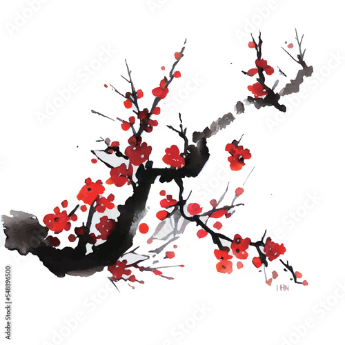 イラスト素材:梅の花の和風水彩イラスト（年賀状素材）