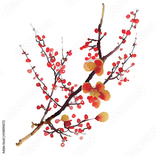 イラスト素材:梅の花の和風水彩イラスト（年賀状素材）