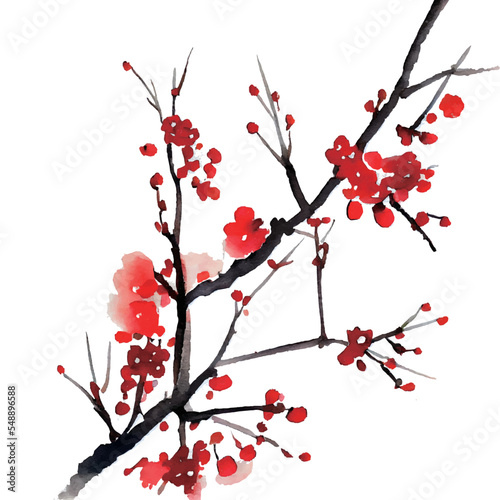 イラスト素材:梅の花の和風水彩イラスト（年賀状素材）