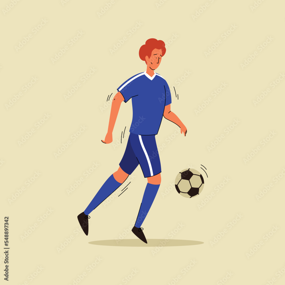 Football player with soccer ball flat illustration. Men football player flat vector design. Football player with soccer ball flat illustration. Men football player flat vector design.