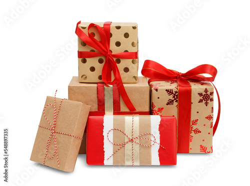 Gift boxes with the red ribbons in eco paper isolated on the white background