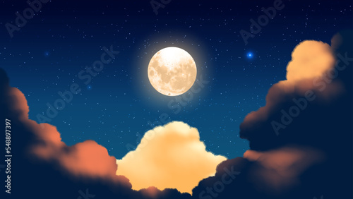 vector illustration of cumulonimbus clouds at night with a background of starry night and a big full moon