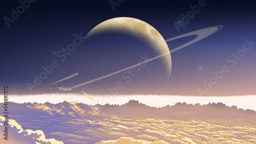 science fiction vector illustration of a cloudscape with a background of the big ring planer