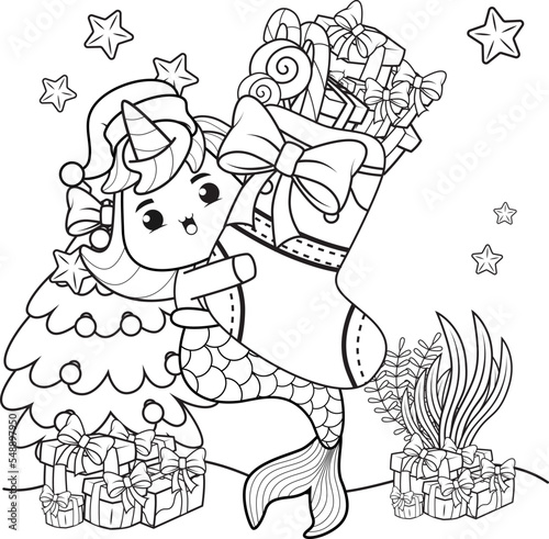 Christmas coloring book with cute unicorn mermaid