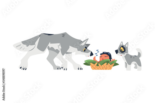 Mowgli Sleeping in Basket Found by Mother Wolf Vector Illustration