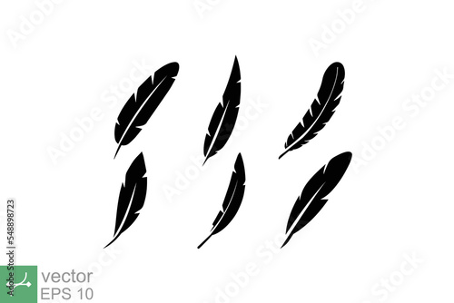 Feather icon set. Simple flat style. Soft, light, weight, bird wing, quill symbol. Vector illustration isolated on white background. EPS 10.