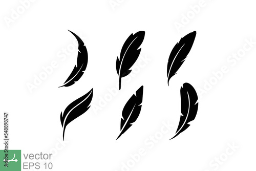 Feather icon set. Simple flat style. Soft, light, weight, bird wing, quill symbol. Vector illustration isolated on white background. EPS 10.