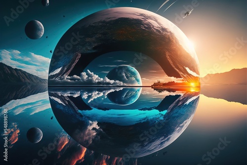 reflection on solar systems in the sea, cool futuristic planet, sky mirror invert. Generative AI Technology photo