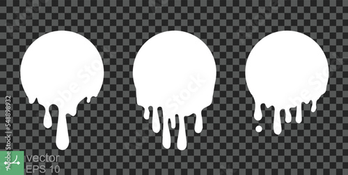 Paint drip stickers. White circle, melt cream drop, flow milk splash icon. Graffiti paint drip blob. Vector illustration isolated. EPS 10.